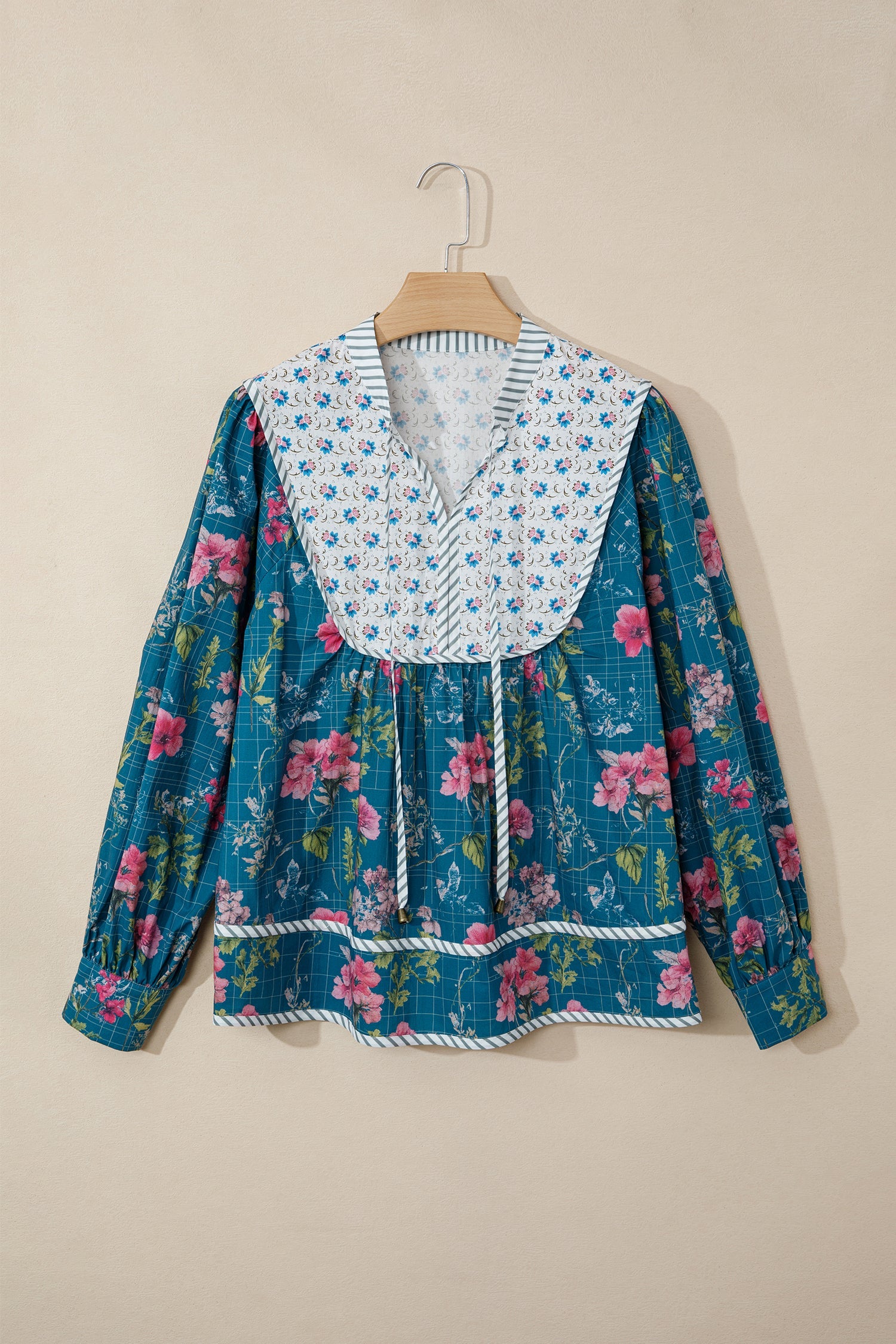 Floral Stripe Patchwork Long Puff Sleeve Blouse