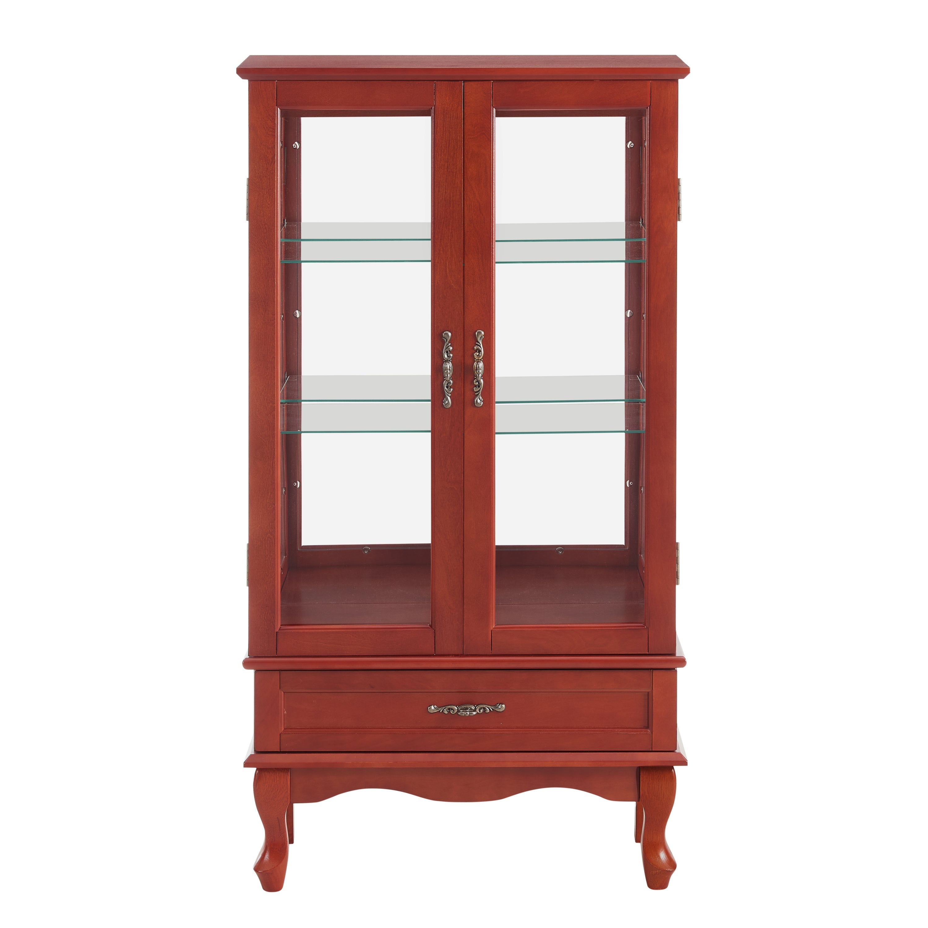 Lighted Glass Display Cabinet Glass Wine Cabinet Curio Display Cabinet with Adjustable Glass Shelves Two Doors and One Drawer Bulb Included for Home Decor and Storage-CHERRY