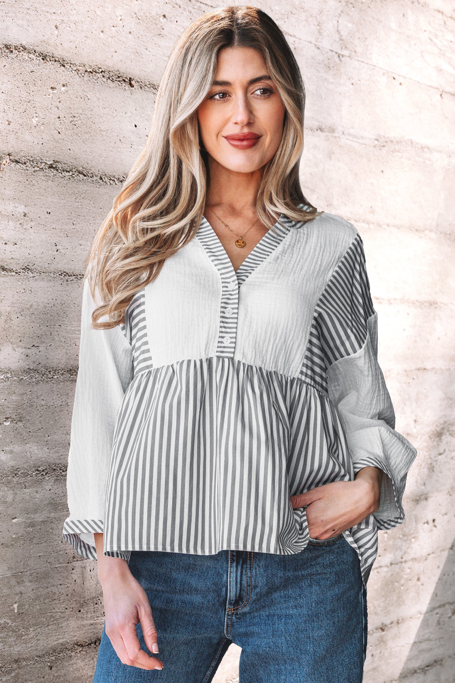 Stripe Gauze Patchwork Half Buttoned Babydoll Blouse