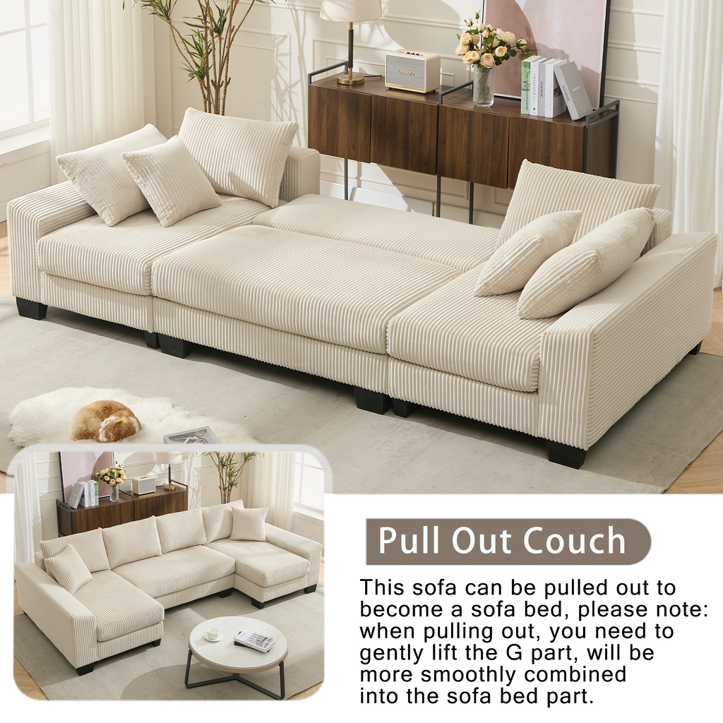 [NEW ARRIVED] [VIDEO PROVIDED] 114' Sleeper Sofa,U Shaped Sofa , Pull Out Bed,Convertible Oversize 2 in 1 Sleeper Sofa, Living Room,Upholstery Sofa Bed,Adjustable Sleeper Sofa,Corduroy,Beige