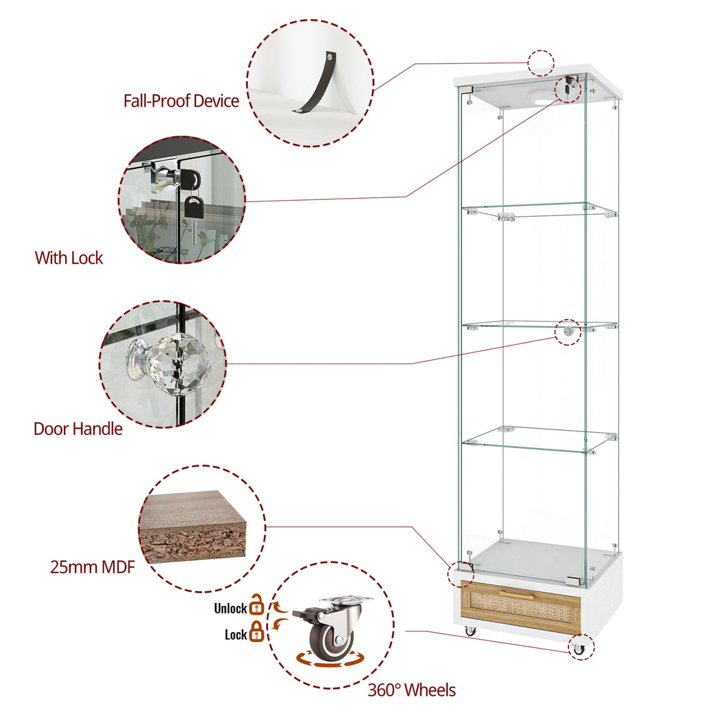 Modern Glass Display Cabinet with Drawer , Quick-assembly Antique Cabinet with LED lights, Tempered Glass Bookshelf,  1-Door Storage Case with 4 Shelves  for Living Room and Bedroom, white and natural