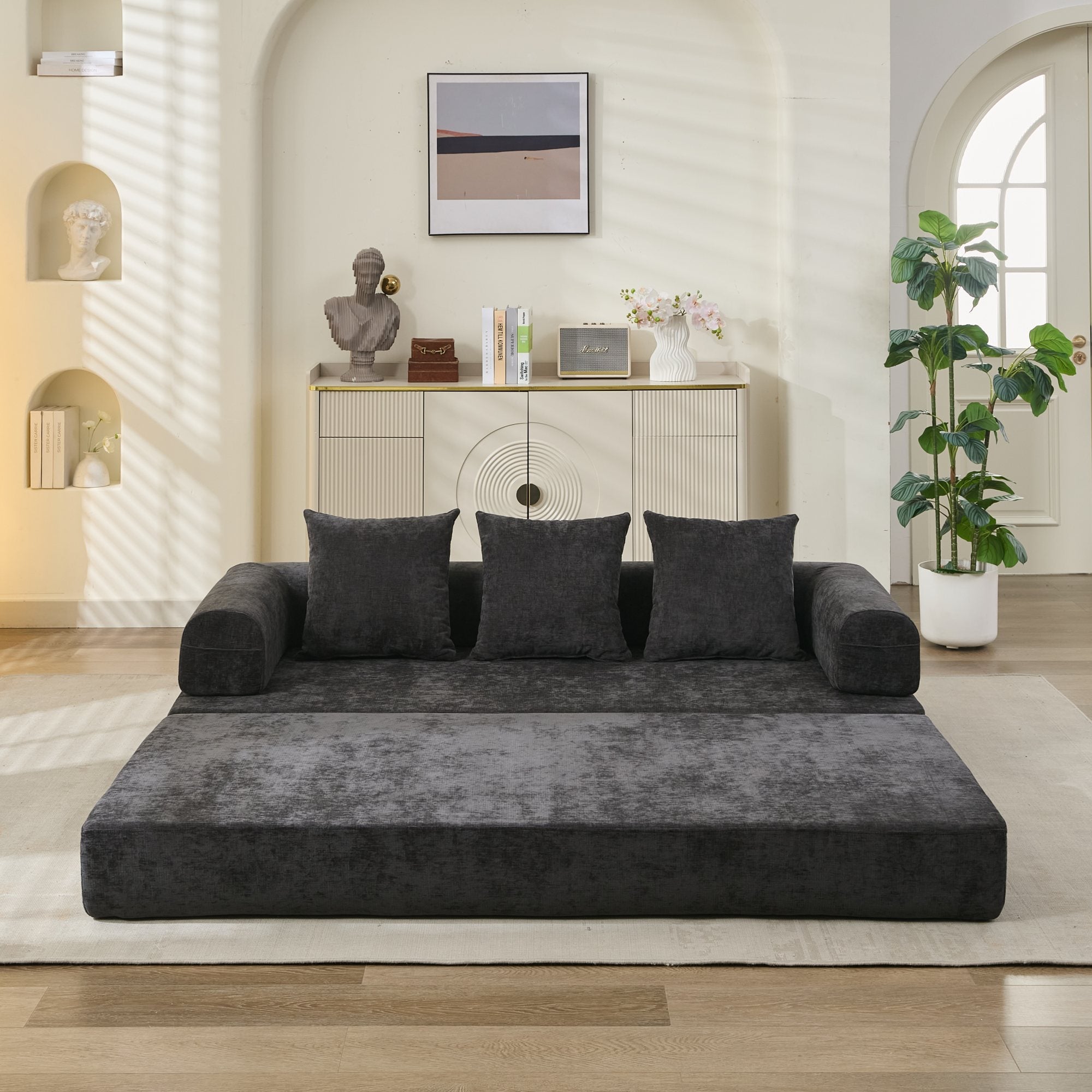 Comfy Convertible Folding Mattress Couch, Floor Sofa Bed, Chenille Floor Sofa with Armrest, Floor Sofa Lounge Couch for Living Room Bedroom Lounge Studio-Black