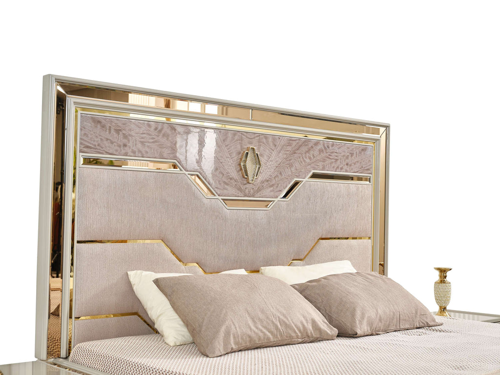 Omari Modern Style 4 Pc King Upholstered Bedroom Set Made with Wood and Gold Accents in Beige (CA Inventory)