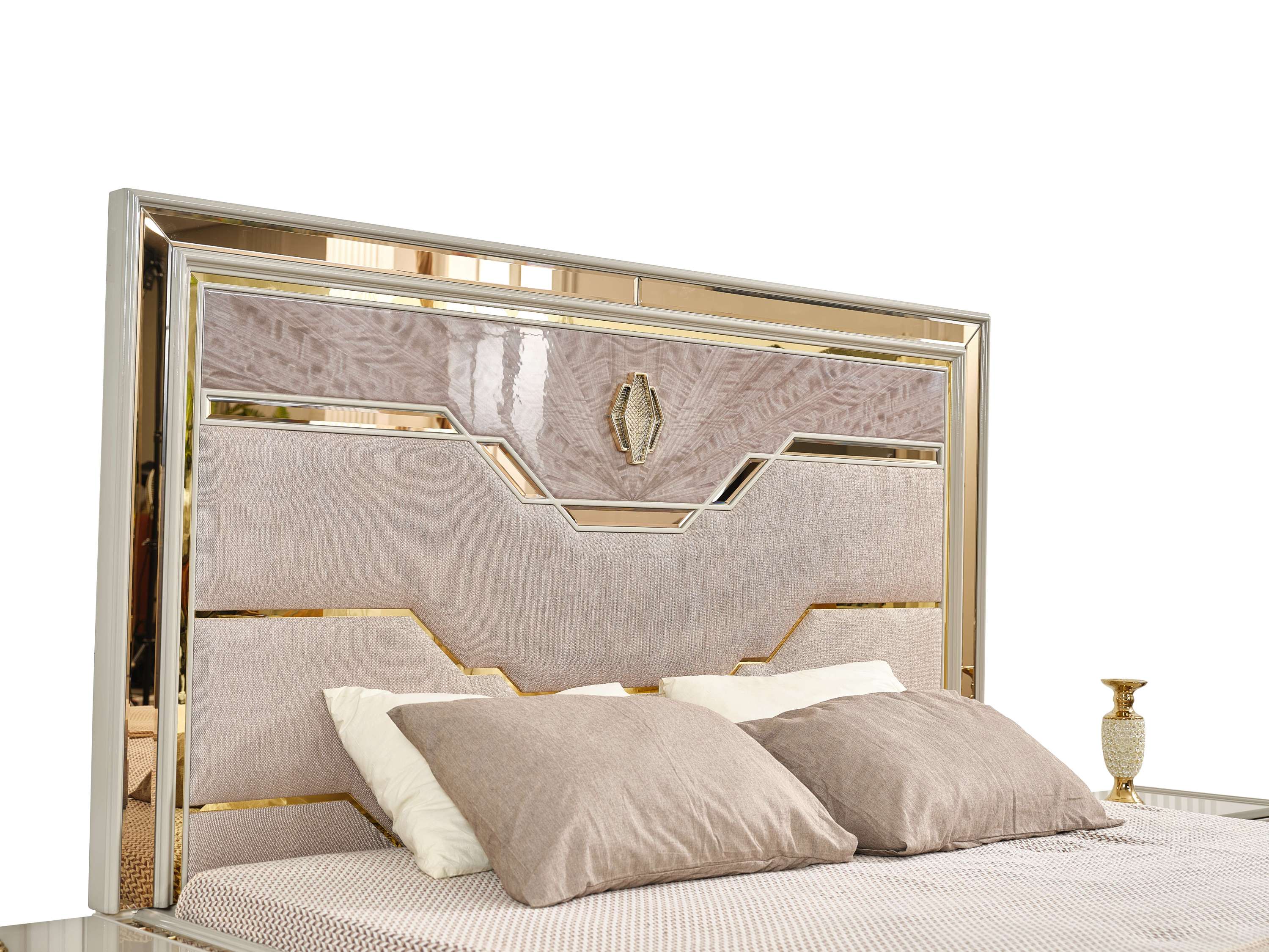 Omari Modern Style 5 Pc Queen Upholstered Bedroom Set Made with Wood and Gold Accents in Beige (NJ Inventory)