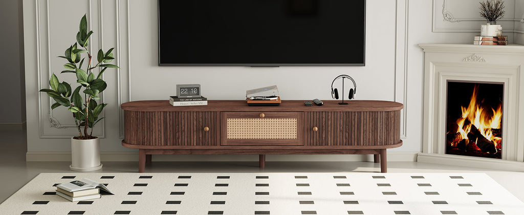 Modern Design TV Stand for 75' TVs, Media Console TV Cabinet with Rattan-Front Drawer for Living Room, 1 Drawer and 2 Sliding-Door Cabinets