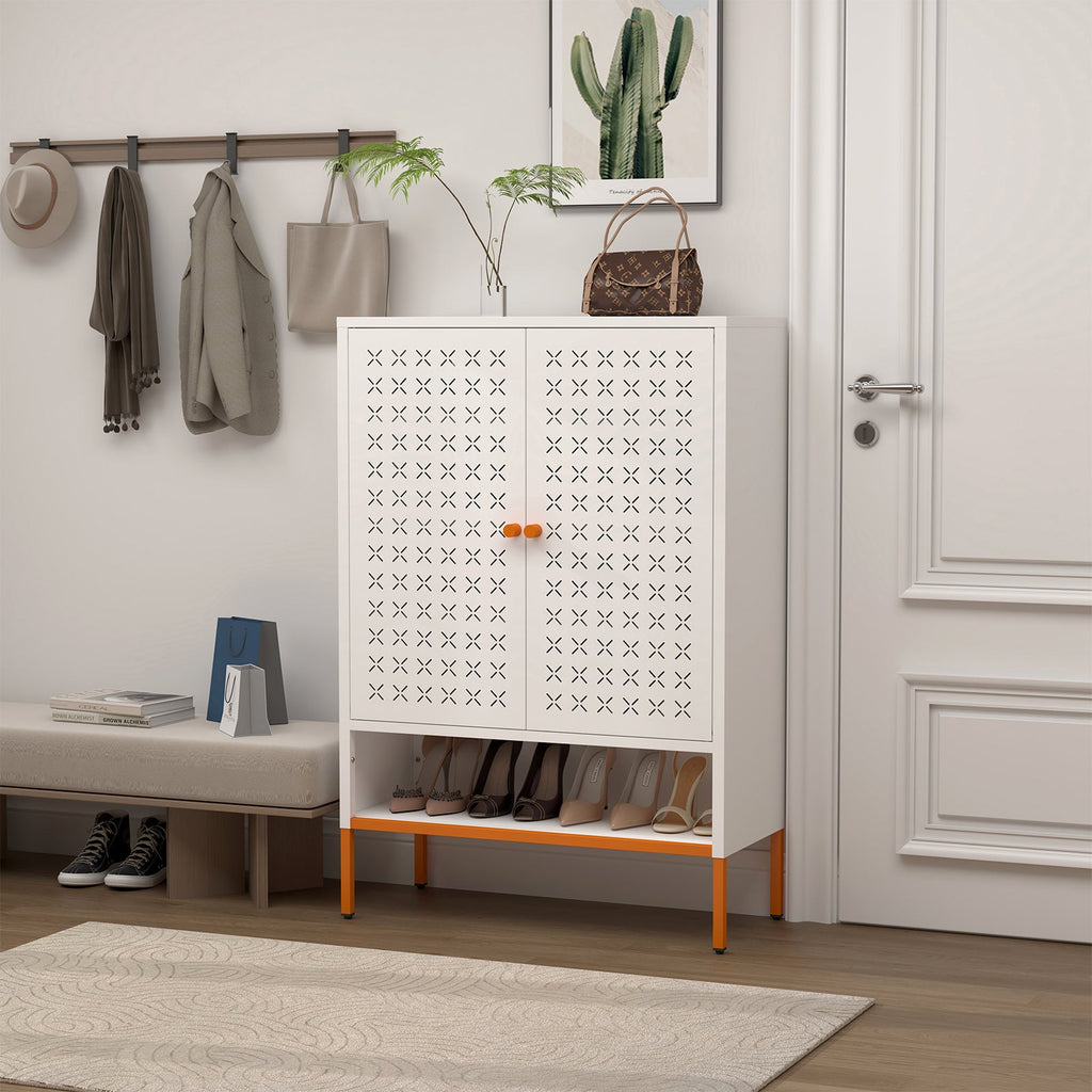 Grid Double Door Shoe Cabinet with Adjustable Compartments and Moisture-Proof Design in White Metal