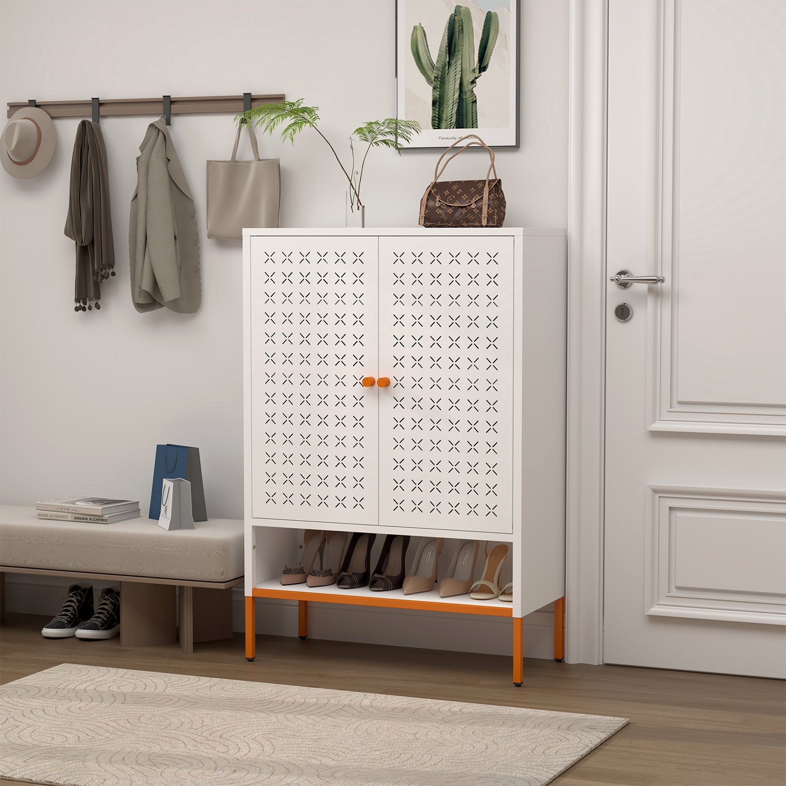 Grid Double Door Shoe Cabinet with Adjustable Compartments and Moisture-Proof Design in White Metal
