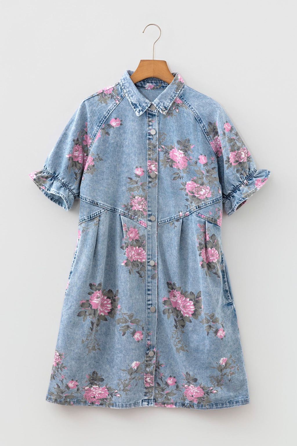 Floral Denim Short Sleeve Button Down Dress