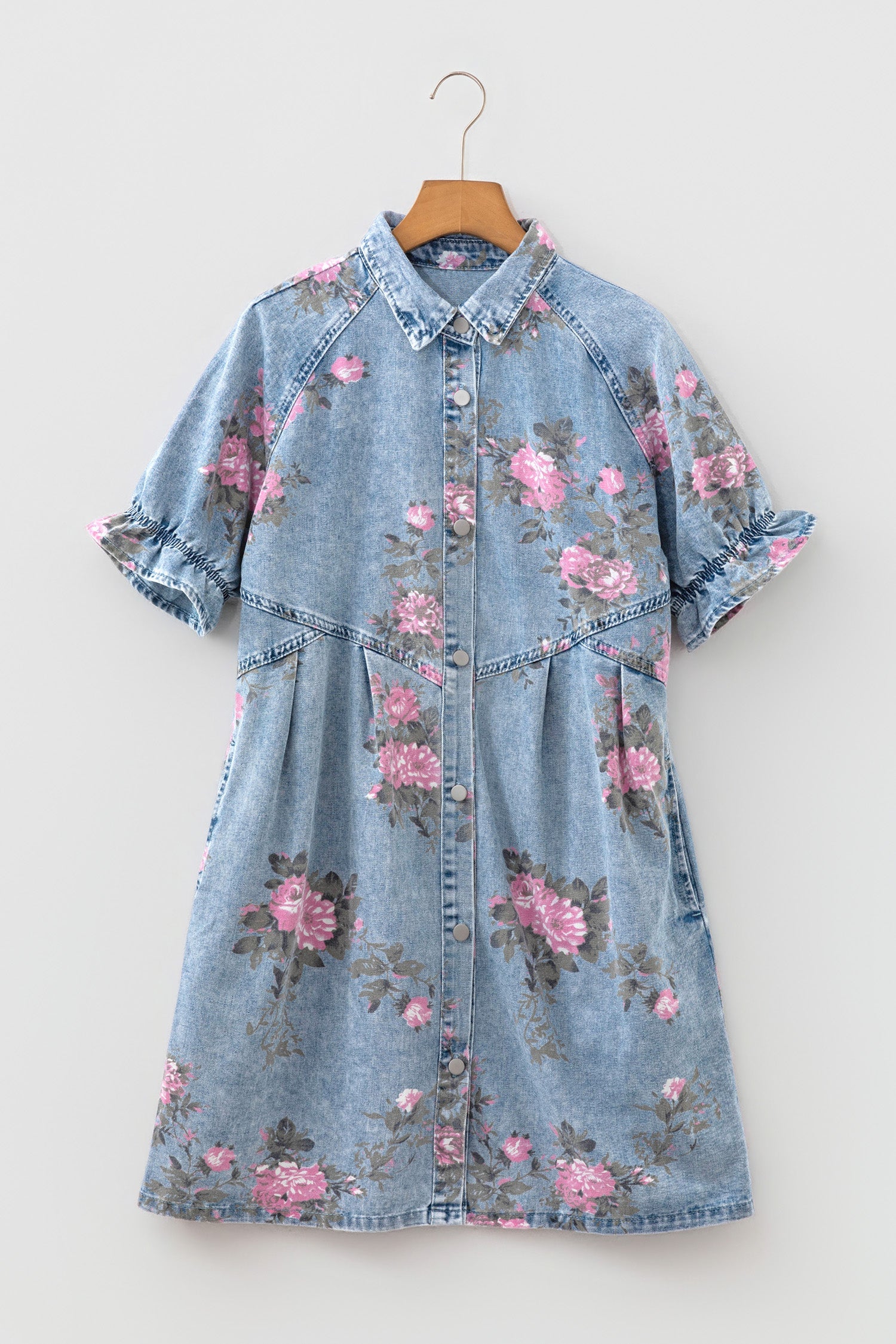 Floral Denim Short Sleeve Button Down Dress
