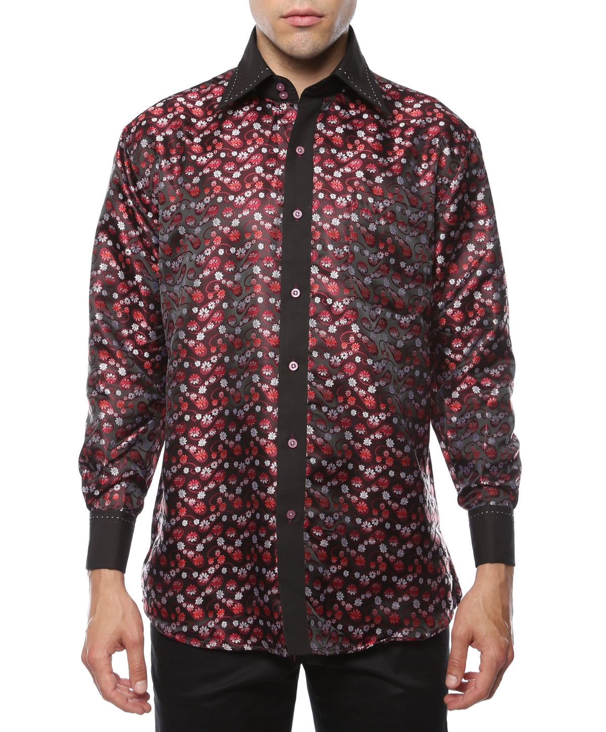 Men's Red & Black Floral Satin Dress Shirt – High Collar, French Cuff | Ferrecci Hi-1001