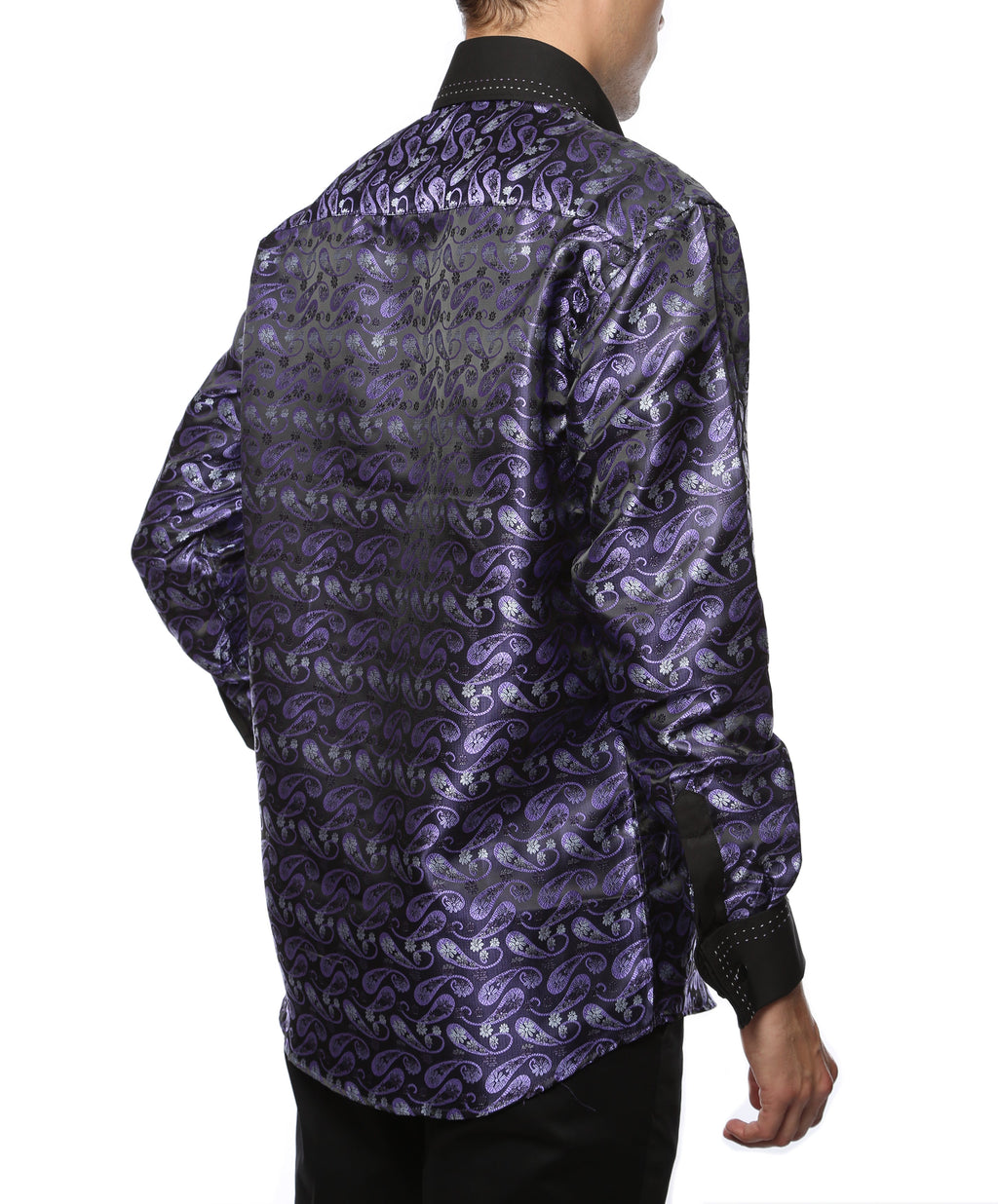 Men's Purple & Black Floral Satin Dress Shirt – High Collar, French Cuff | Ferrecci Hi-1013