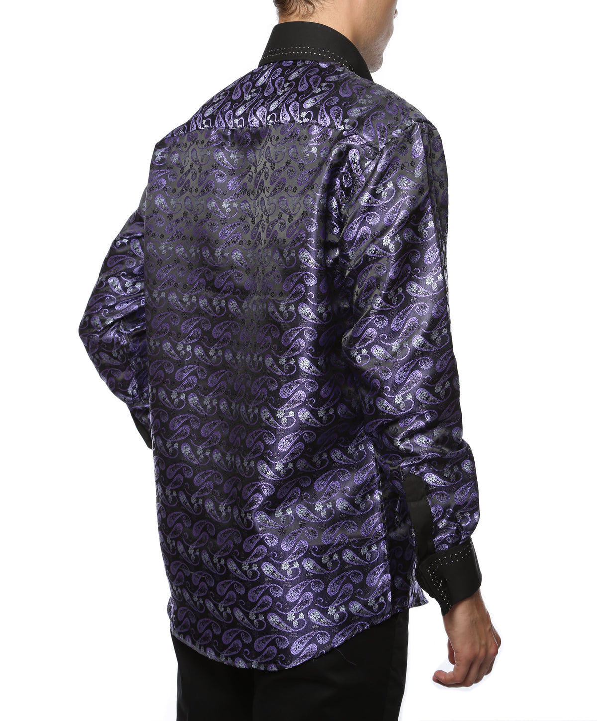 Men's Purple & Black Floral Satin Dress Shirt – High Collar, French Cuff | Ferrecci Hi-1013