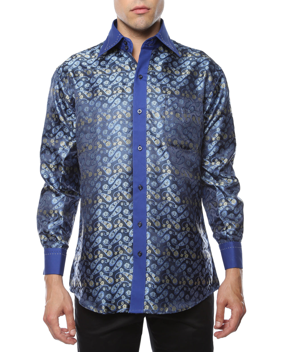 Men's Blue Paisley Floral Satin Dress Shirt – High Collar, French Cuff | Ferrecci Hi-1009