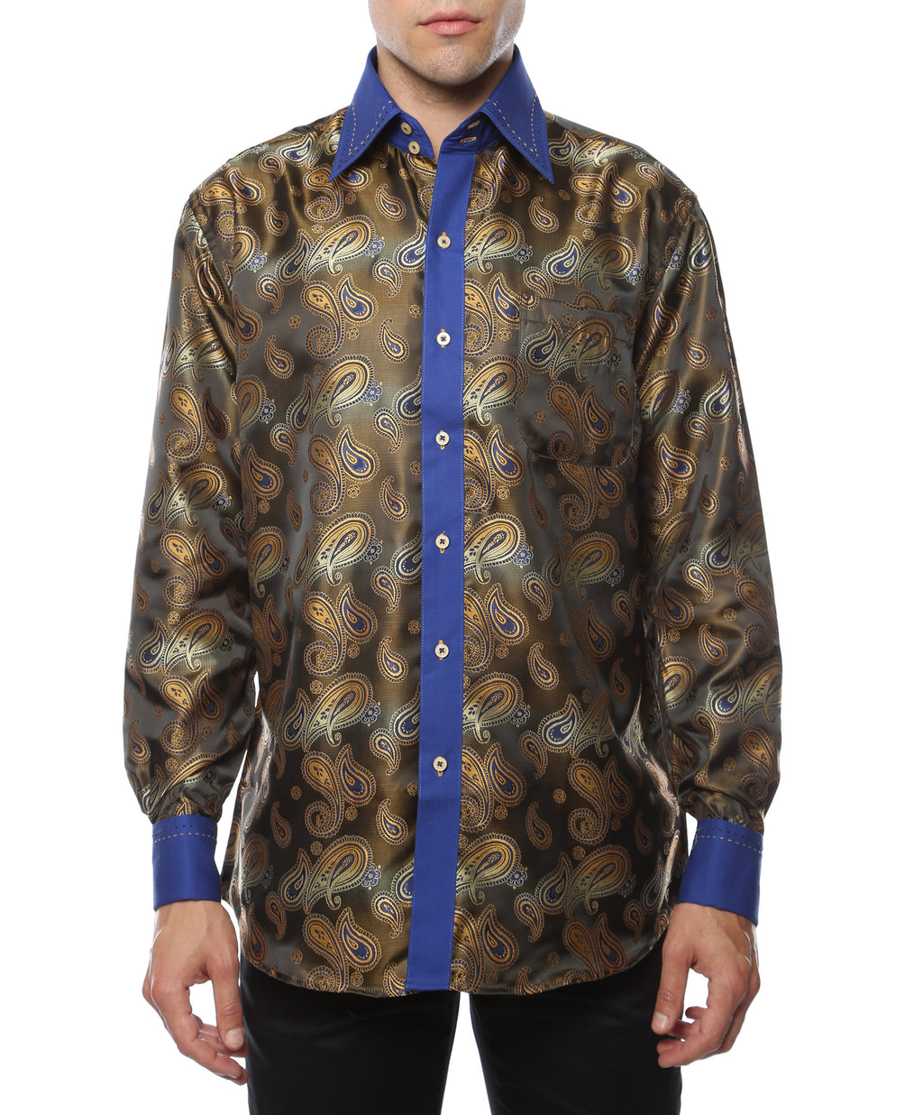 Men's Blue & Gold Paisley Satin Dress Shirt – High Collar, French Cuff | Ferrecci Hi-1019