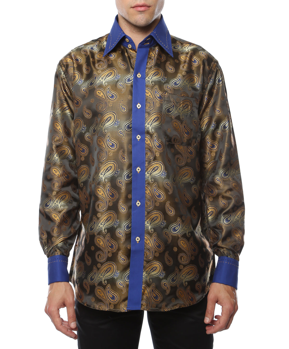 Men's Blue & Gold Paisley Satin Dress Shirt – High Collar, French Cuff | Ferrecci Hi-1019