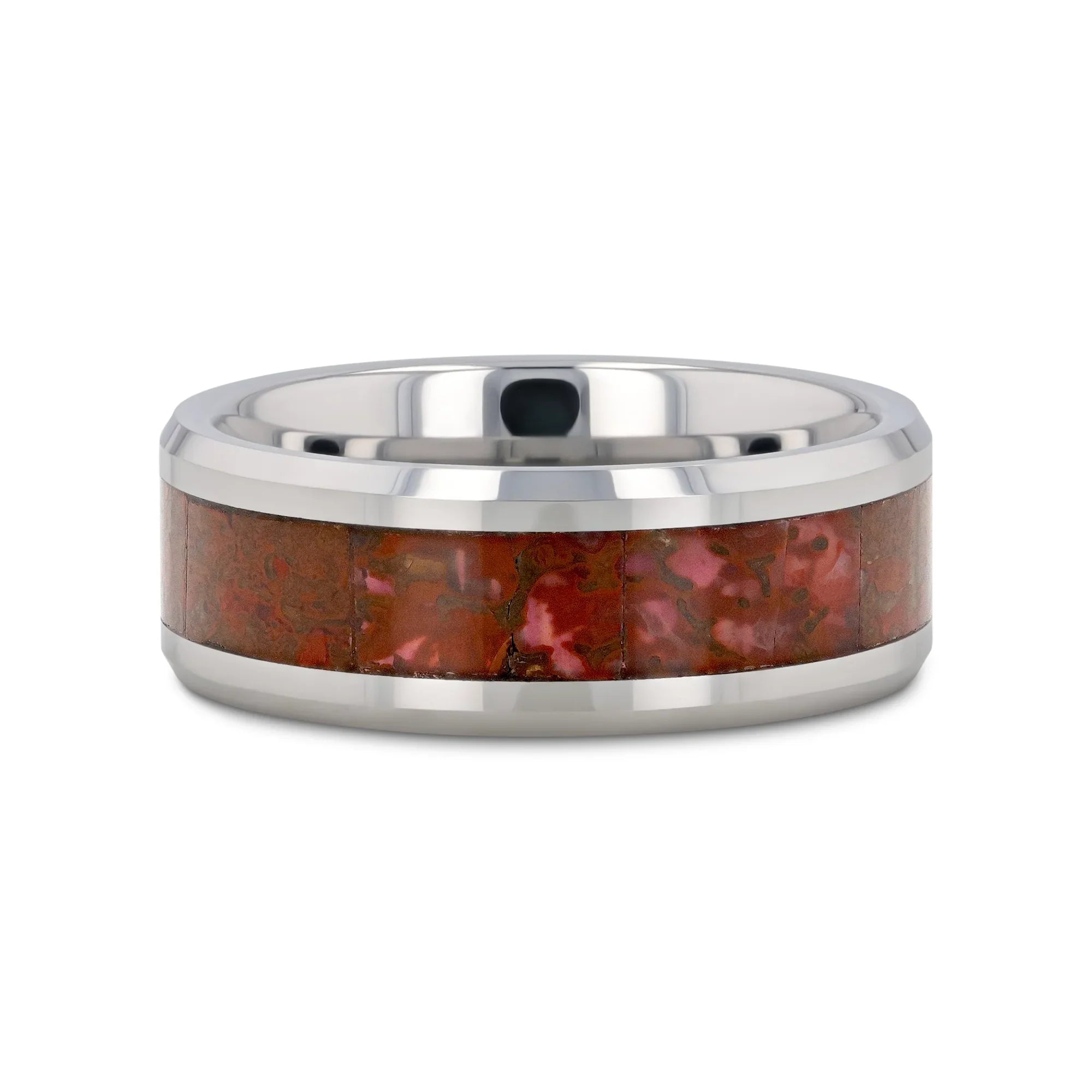 JURASSIC Red Dinosaur Bone Inlaid Tungsten Carbide Beveled Edged Ring - 4mm & 8mm
