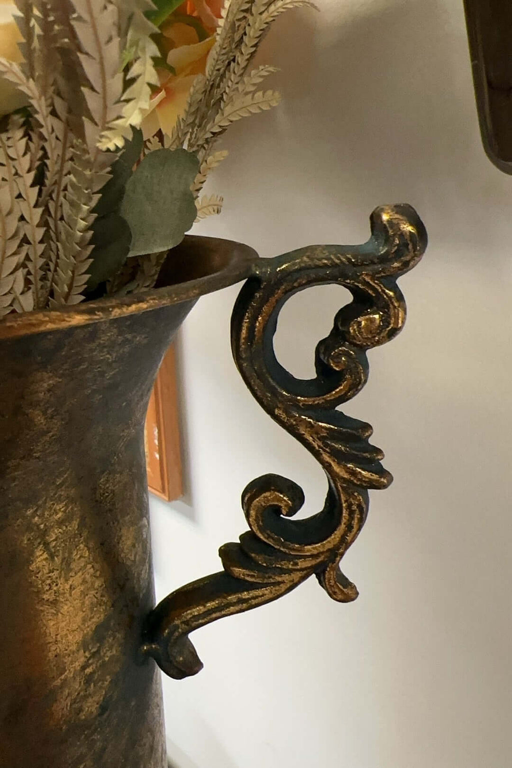 French Country Antique Gold Urn Vase with Handles