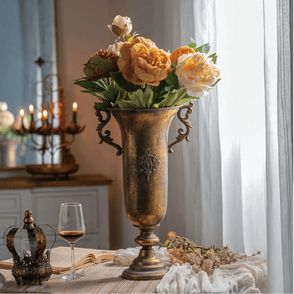 French Country Antique Gold Urn Vase with Handles