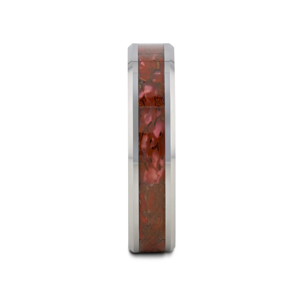 JURASSIC Red Dinosaur Bone Inlaid Tungsten Carbide Beveled Edged Ring - 4mm & 8mm