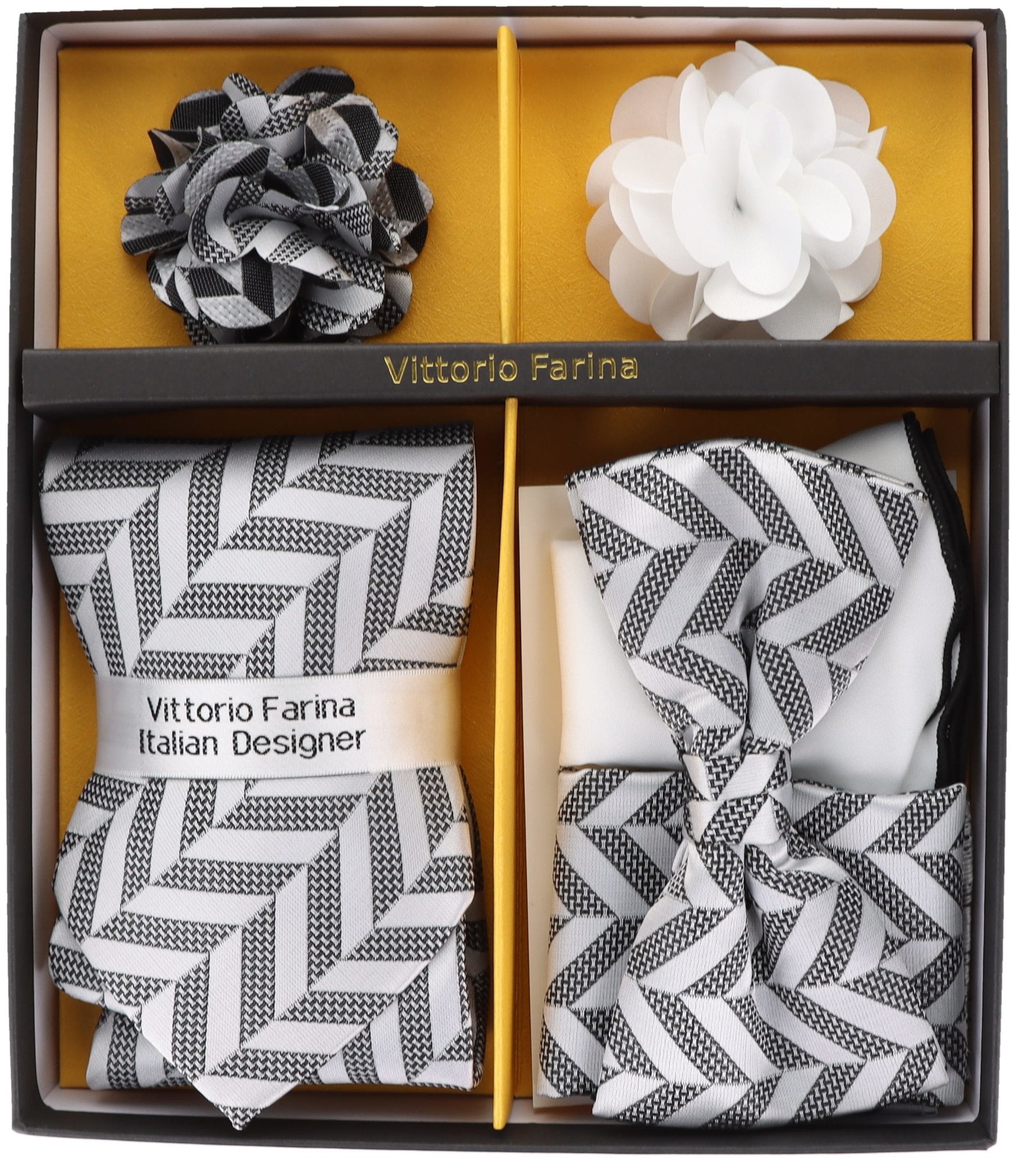 Vittorio Farina Men's Design Necktie, Bow Tie, Pocket Squares and Flower Lapel Pin in a Gift Box