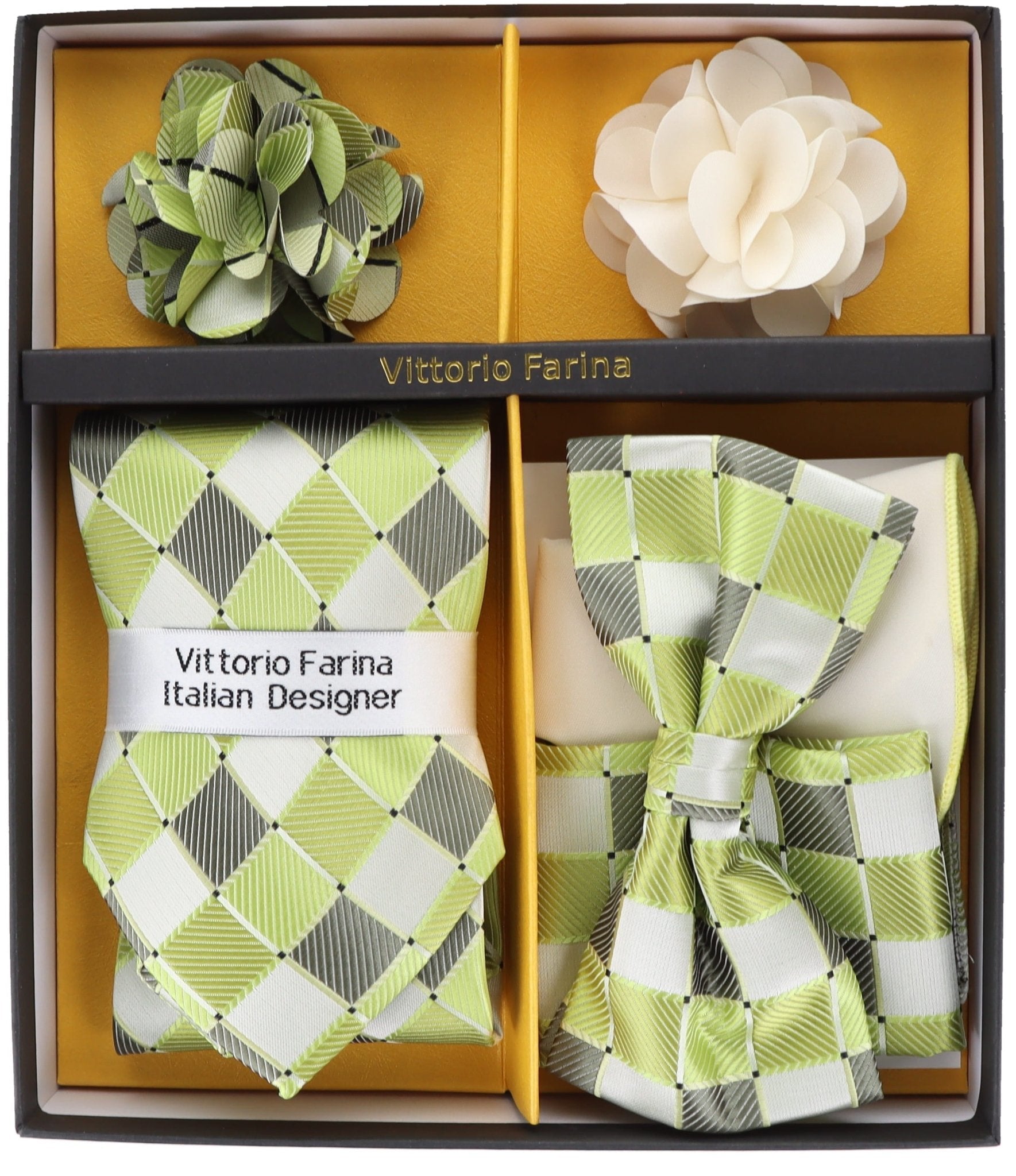 Vittorio Farina Men's Design Necktie, Bow Tie, Pocket Squares and Flower Lapel Pin in a Gift Box