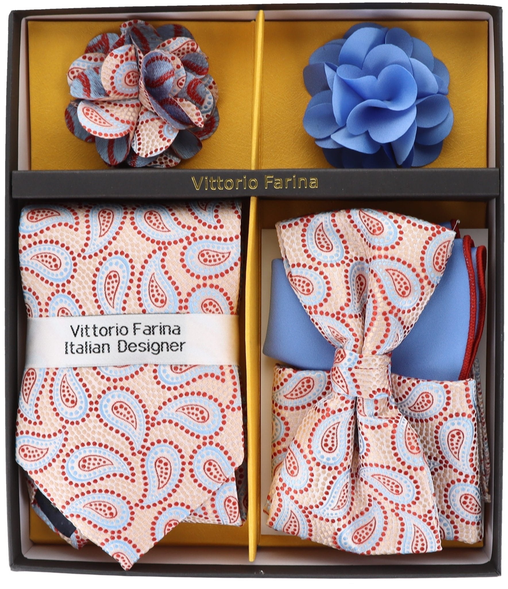 Vittorio Farina Men's Design Necktie, Bow Tie, Pocket Squares and Flower Lapel Pin in a Gift Box