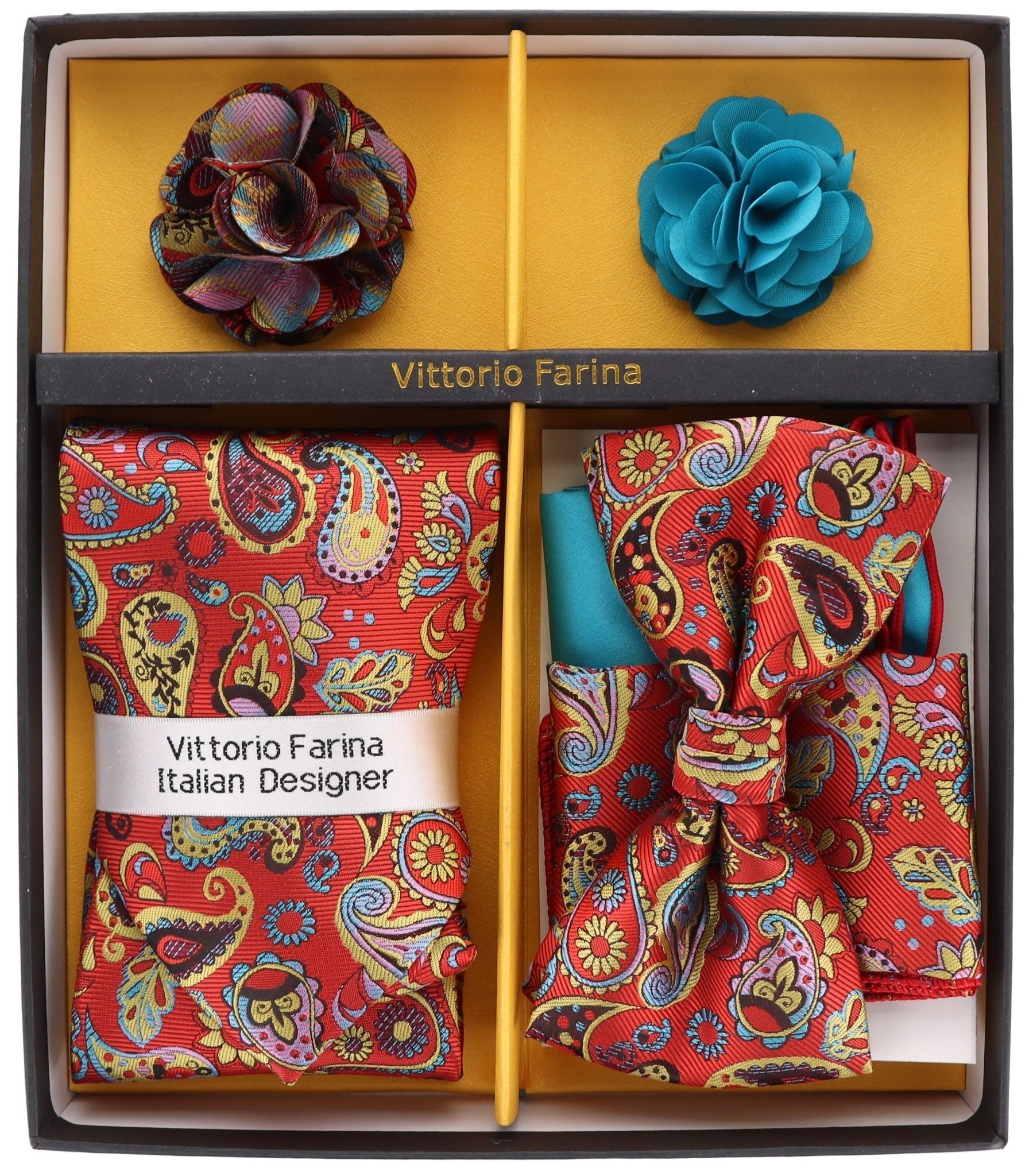 Vittorio Farina Men's Design Necktie, Bow Tie, Pocket Squares and Flower Lapel Pin in a Gift Box