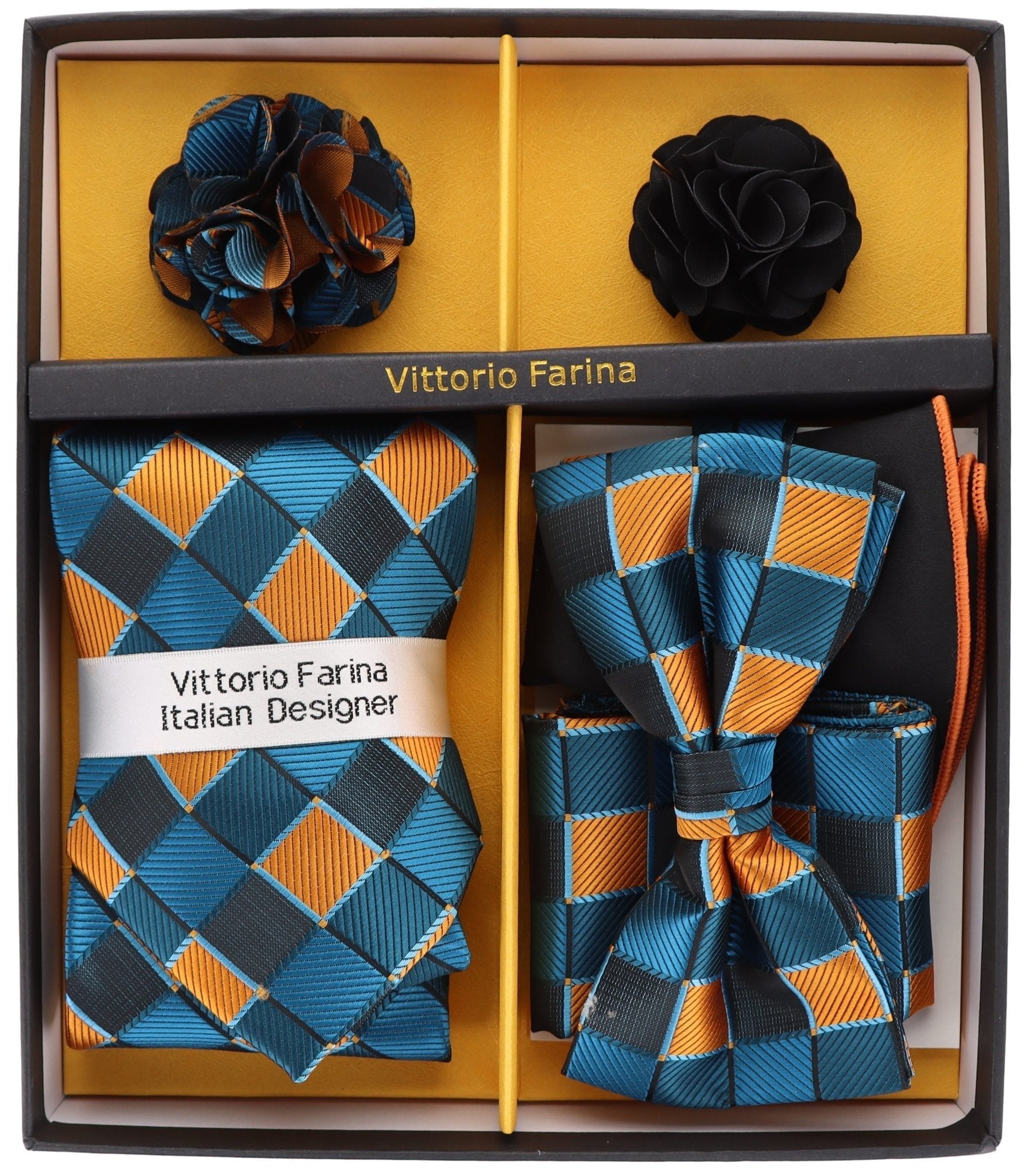 Vittorio Farina Men's Design Necktie, Bow Tie, Pocket Squares and Flower Lapel Pin in a Gift Box