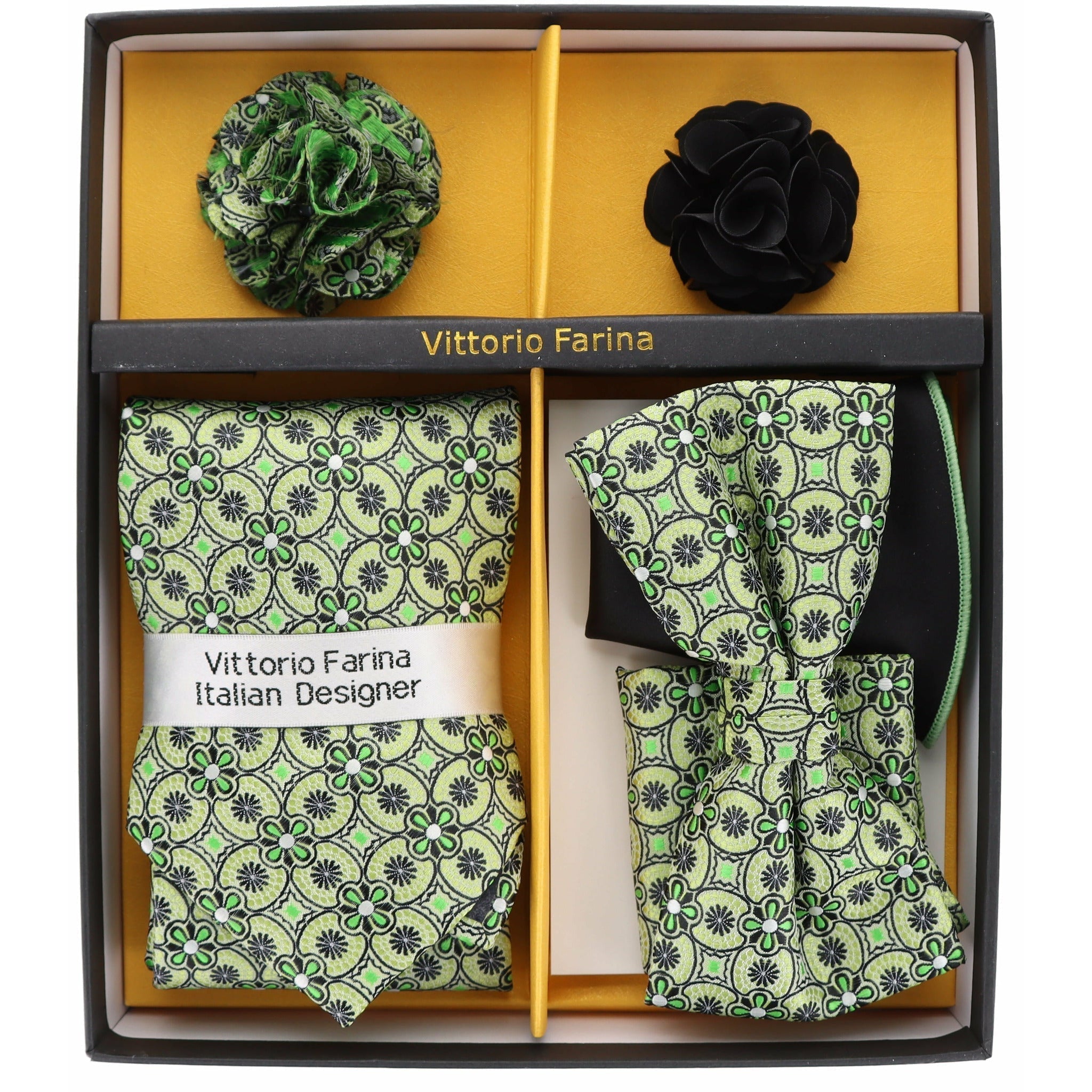 Vittorio Farina Men's Design Necktie, Bow Tie, Pocket Squares and Flower Lapel Pin in a Gift Box