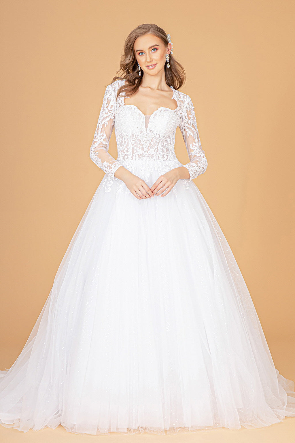 Illusion V-Neck Embroidered Mesh w/ Sequin Lining Long Wedding Dress GLGL1804