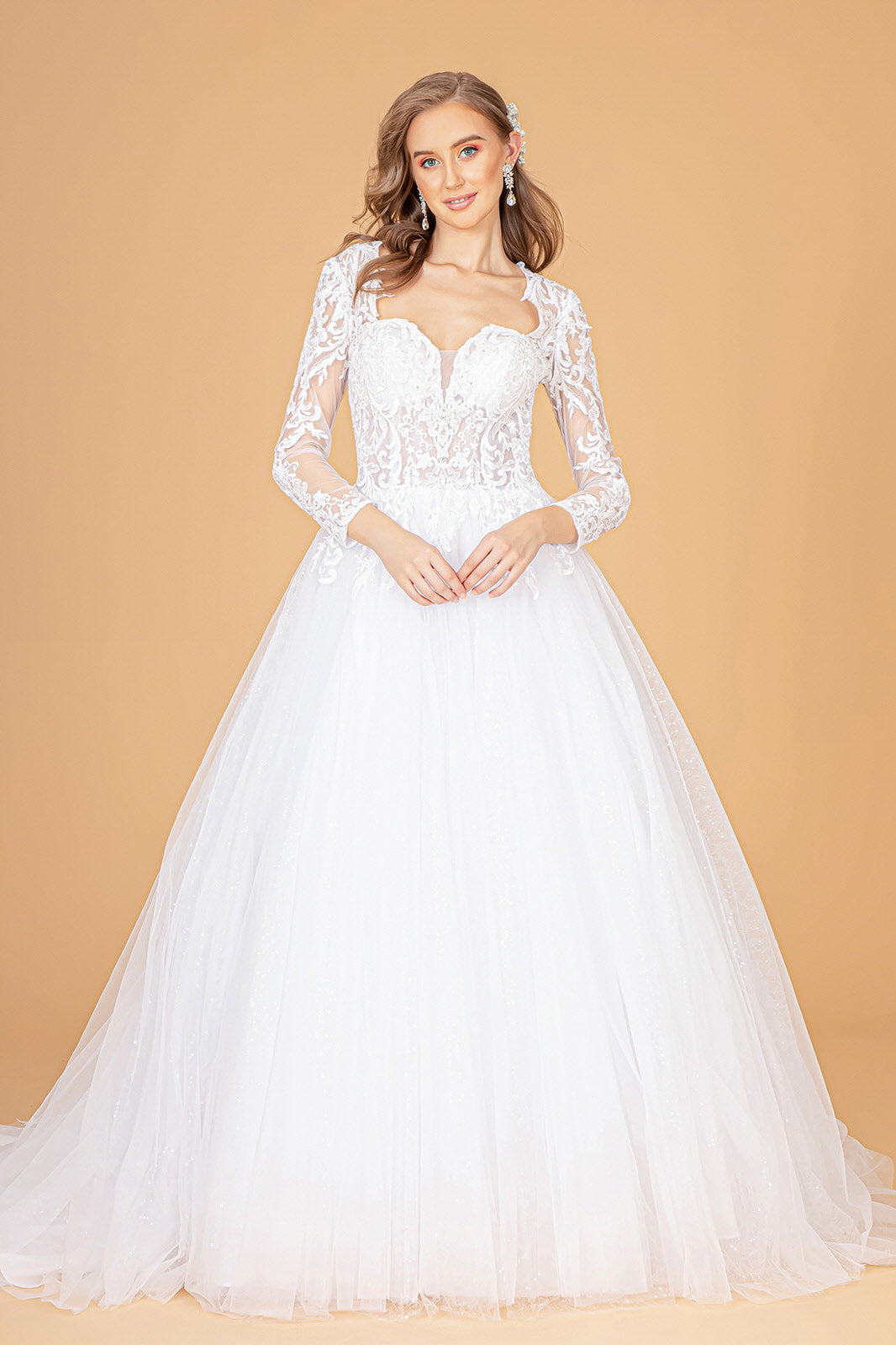Illusion V-Neck Embroidered Mesh w/ Sequin Lining Long Wedding Dress GLGL1804