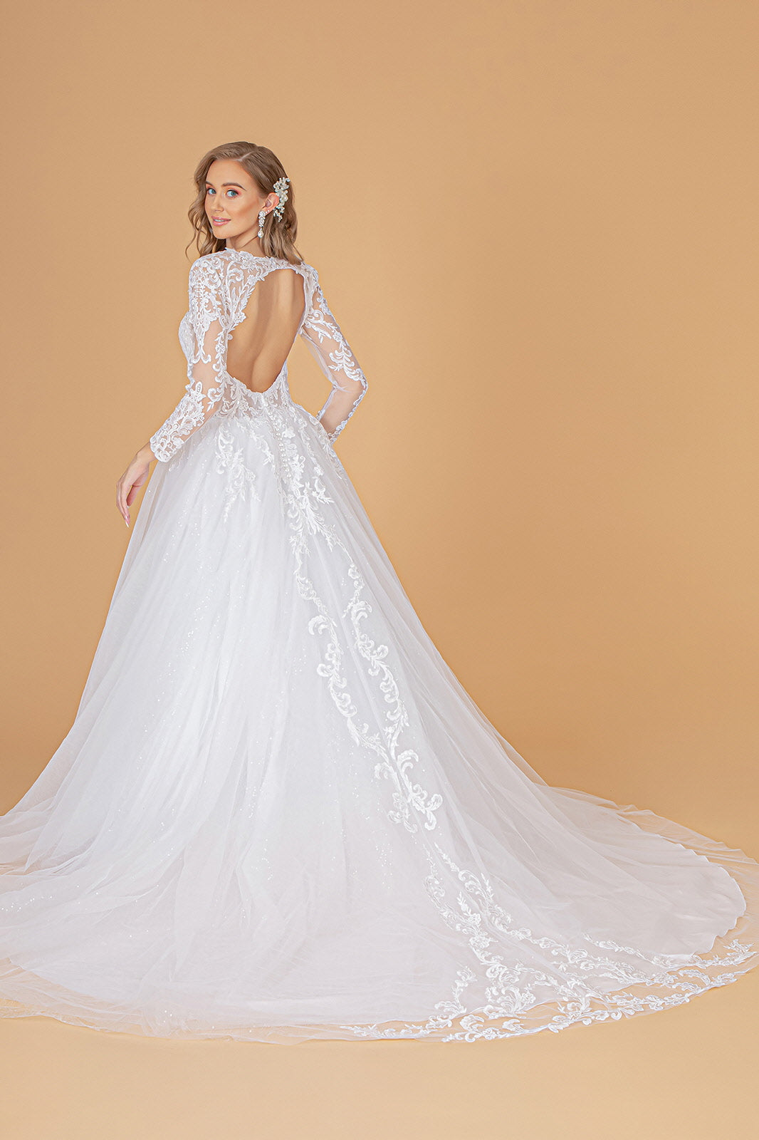 Illusion V-Neck Embroidered Mesh w/ Sequin Lining Long Wedding Dress GLGL1804