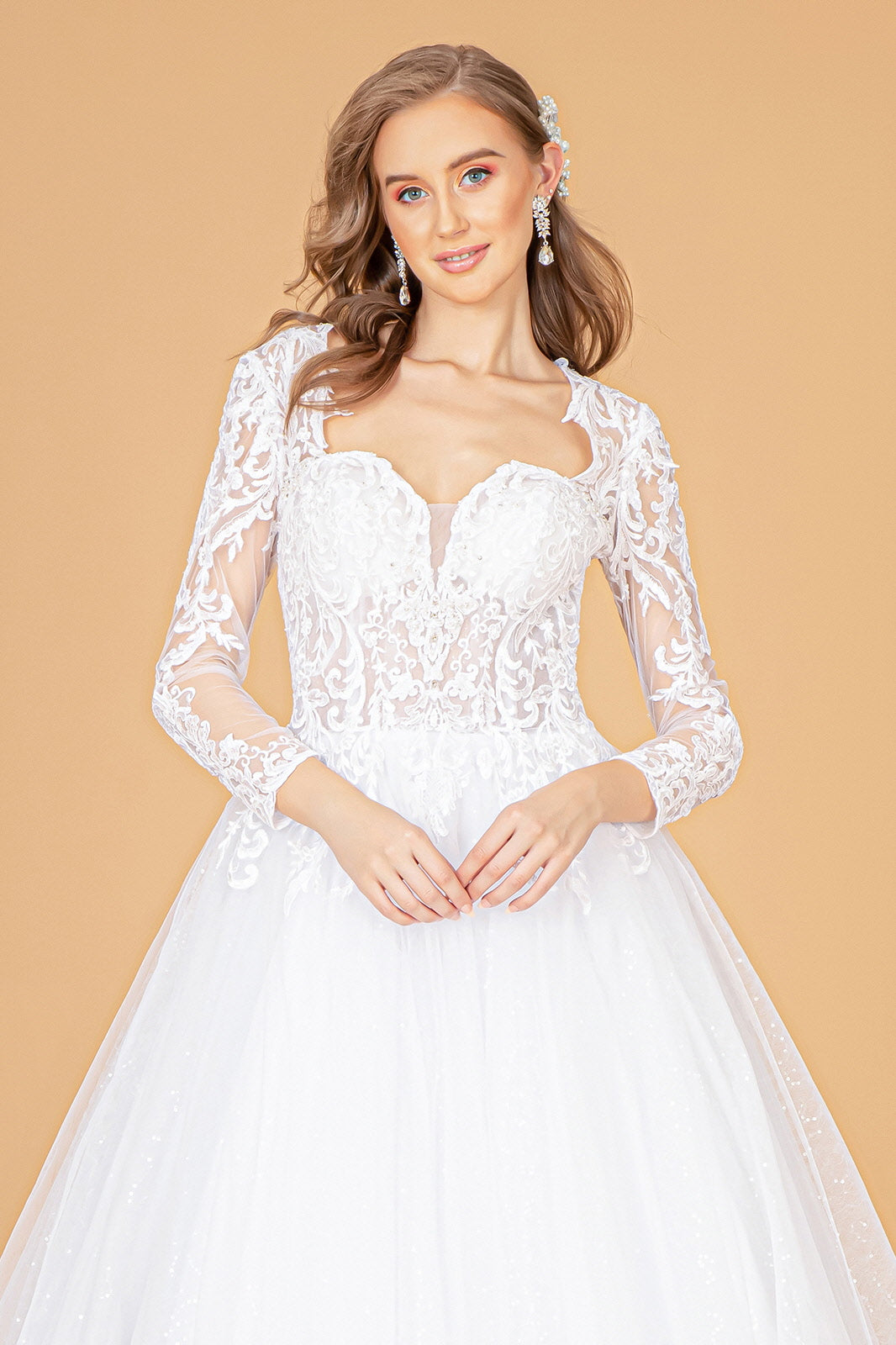 Illusion V-Neck Embroidered Mesh w/ Sequin Lining Long Wedding Dress GLGL1804