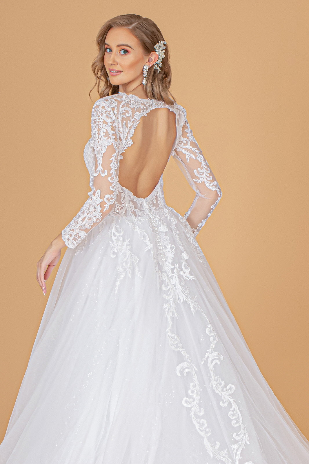 Illusion V-Neck Embroidered Mesh w/ Sequin Lining Long Wedding Dress GLGL1804