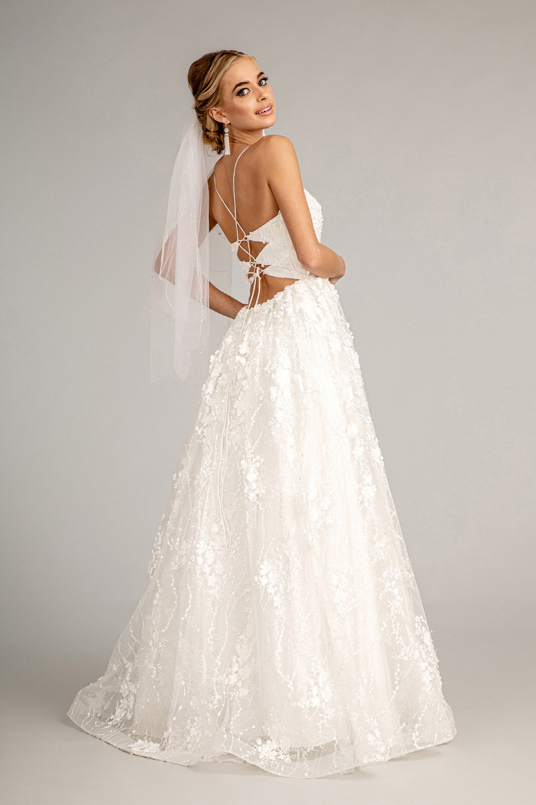 Floral Embroidered Lace-Up Mesh w/ Sweetheart Neckline Long Wedding Dress GLGL1985