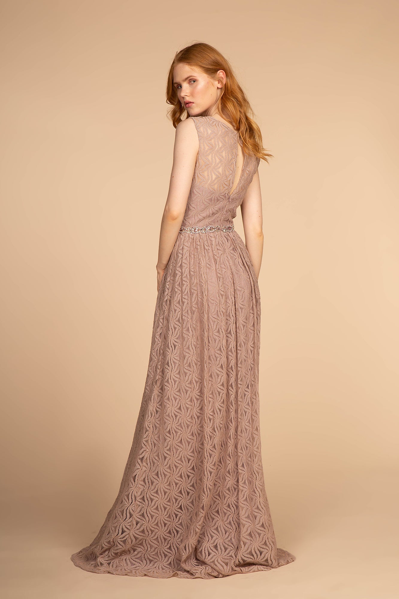Jewel Embellished Waist Lace Long Mother Of The Bride Dress GLGL2611