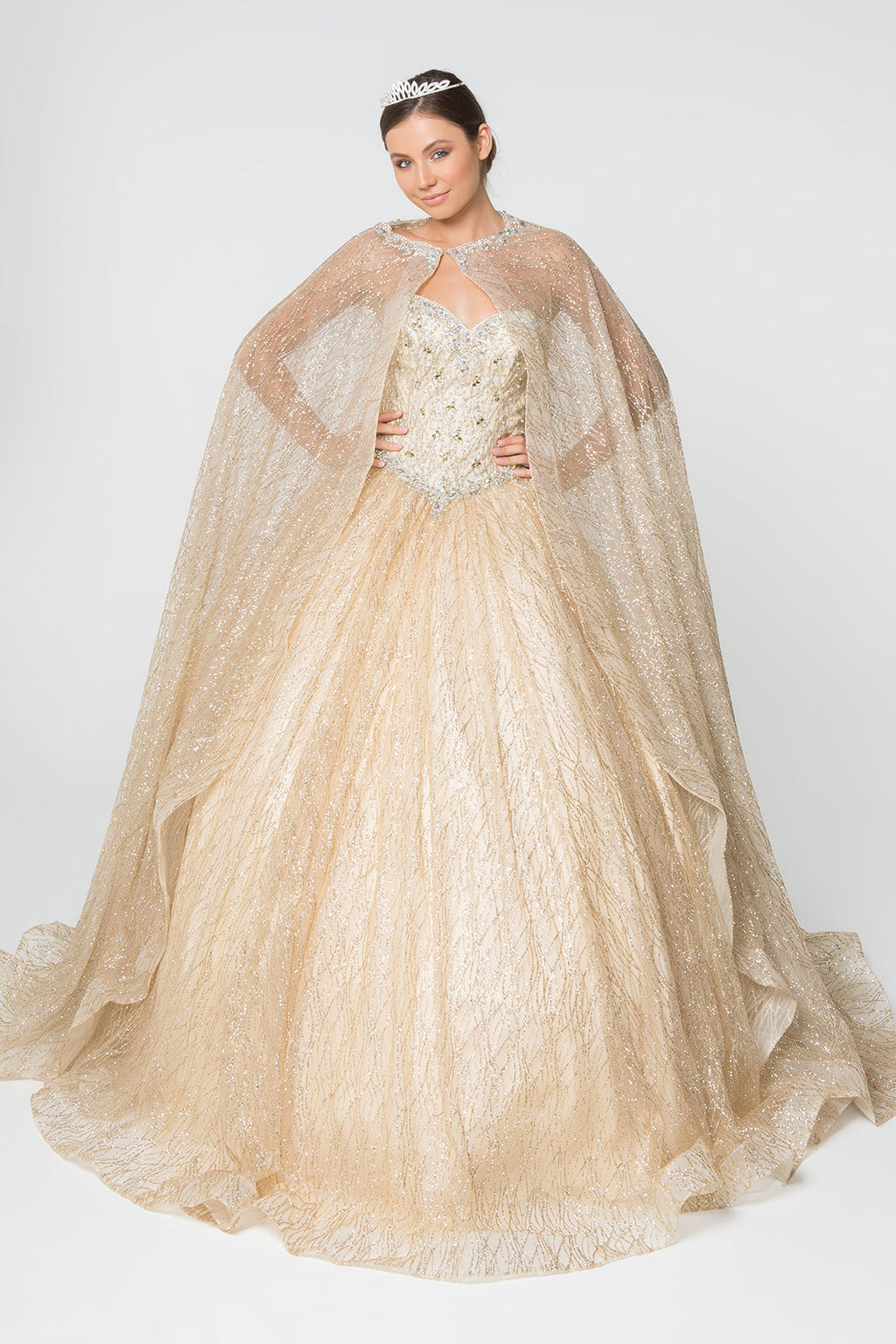 Jewel Embellished Bodice Glitter Mesh w/ Glitter Mesh Cape Long Ball Dress GLGL2801