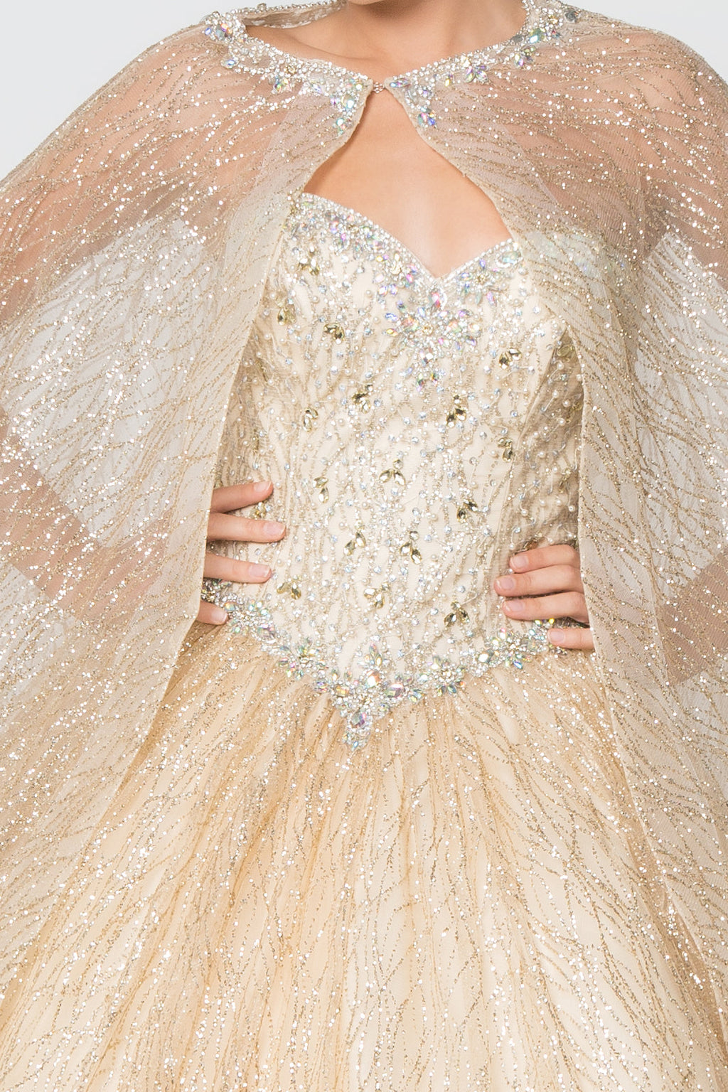 Jewel Embellished Bodice Glitter Mesh w/ Glitter Mesh Cape Long Ball Dress GLGL2801