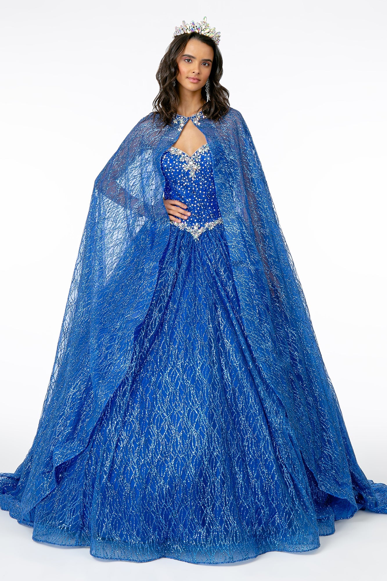Jewel Embellished Bodice Glitter Mesh w/ Glitter Mesh Cape Long Ball Dress GLGL2801