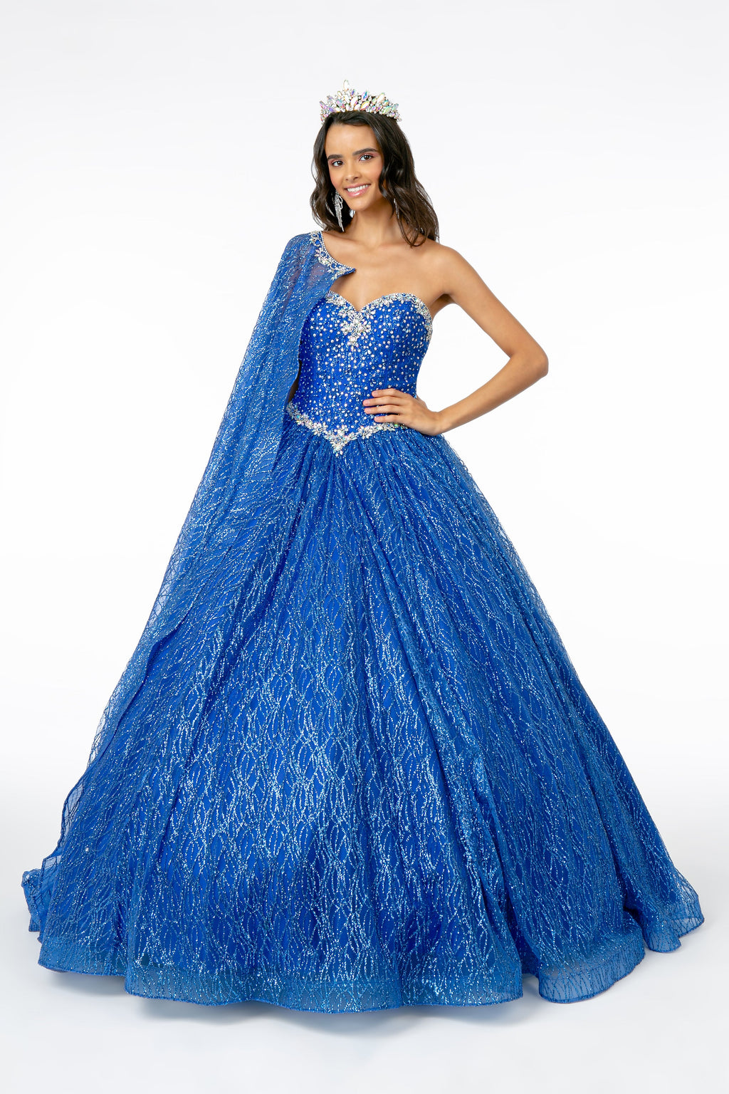 Jewel Embellished Bodice Glitter Mesh w/ Glitter Mesh Cape Long Ball Dress GLGL2801