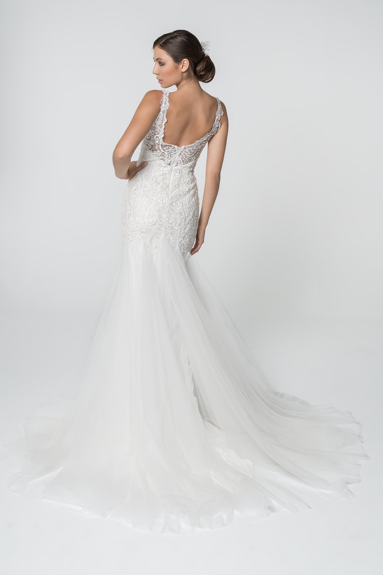 Embroidered Bodice V-Neck Mermaid w/ Mesh Tail Long Wedding Dress GLGL2815