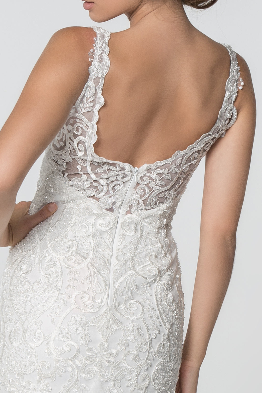 Embroidered Bodice V-Neck Mermaid w/ Mesh Tail Long Wedding Dress GLGL2815