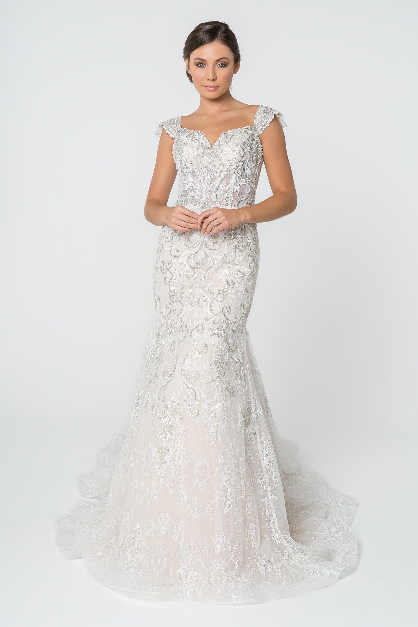 Jewel and Embroidery Embellished Mesh Long Wedding Dress GLGL2822