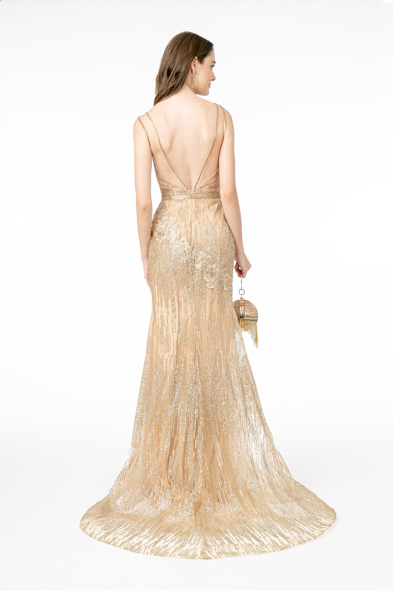 Floral Embroidery Glitter Mesh Mermaid w/ Jeweled Waist Band Long Prom Dress GLGL2889