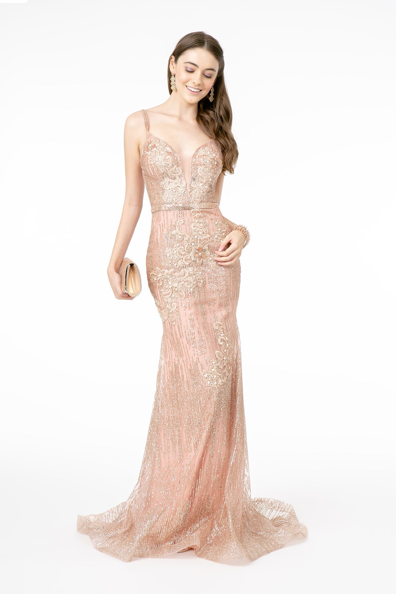 Floral Embroidery Glitter Mesh Mermaid w/ Jeweled Waist Band Long Prom Dress GLGL2889