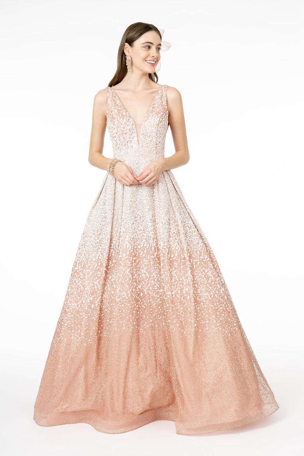 Illusion Deep V-Neck Glitter Tulle A-Line Long Prom Dress GLGL2908