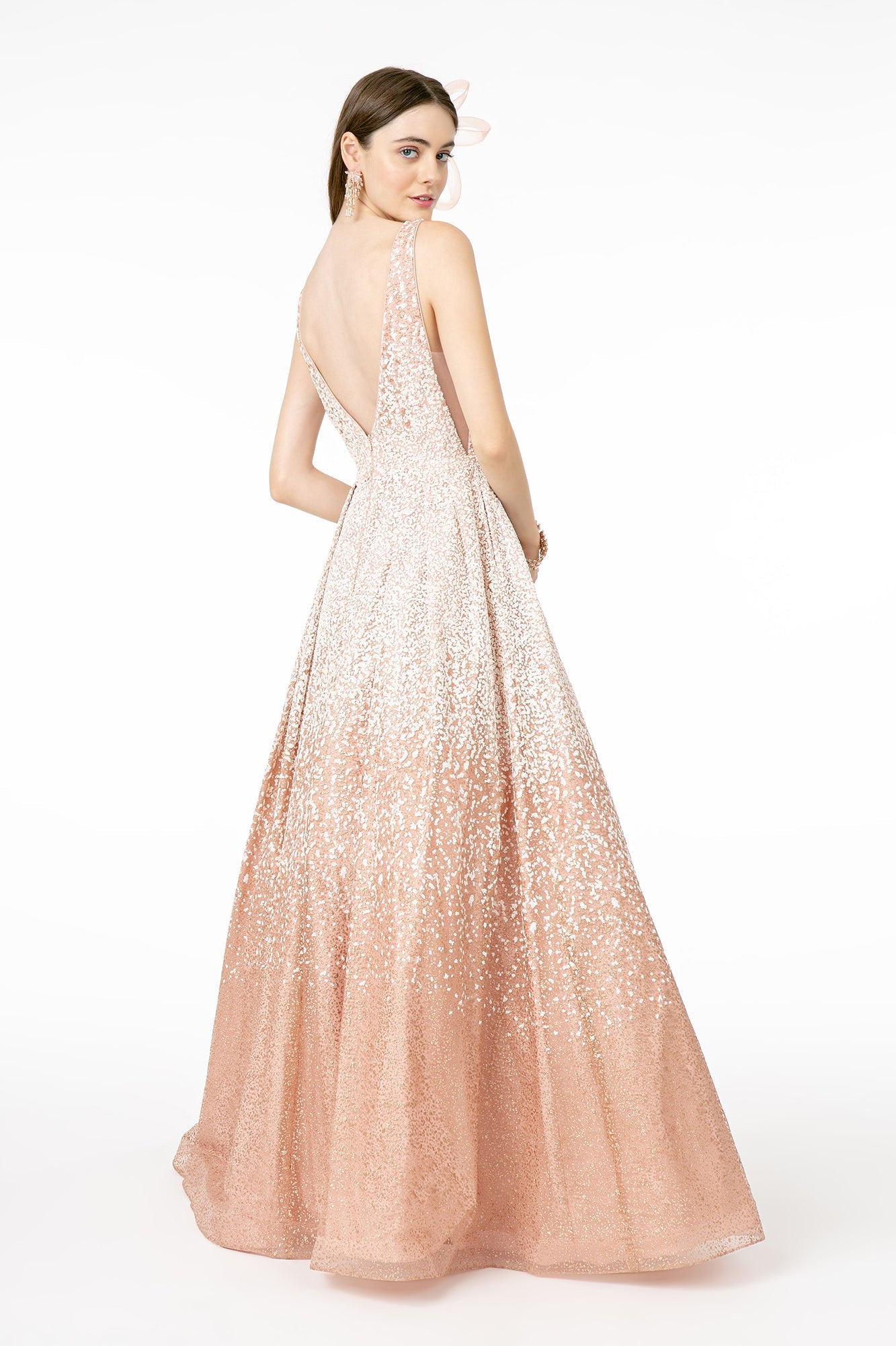 Illusion Deep V-Neck Glitter Tulle A-Line Long Prom Dress GLGL2908
