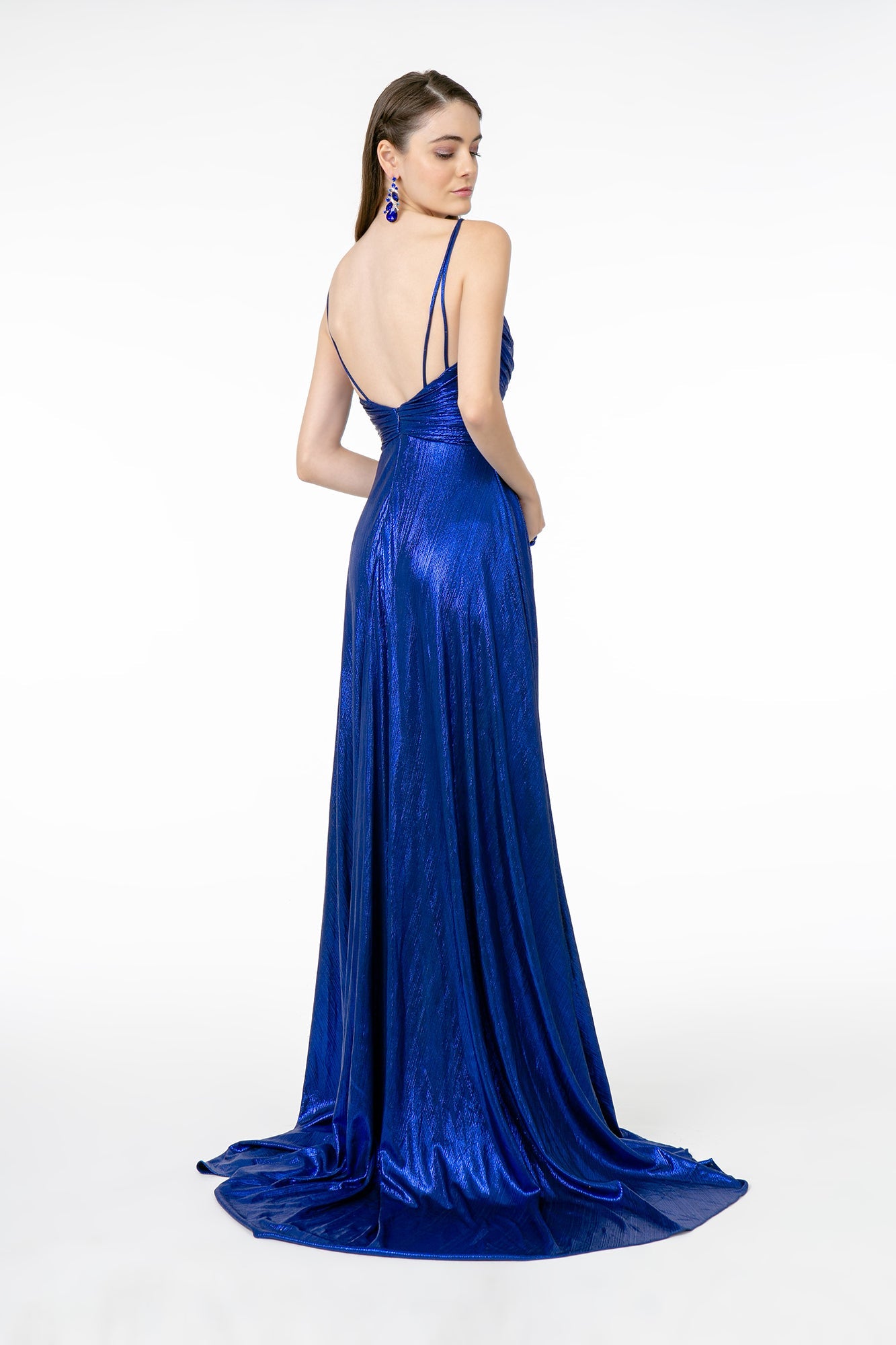 Pleated Bodice Metallic Lame w/ Leg Slit Long Prom Dress GLGL2927