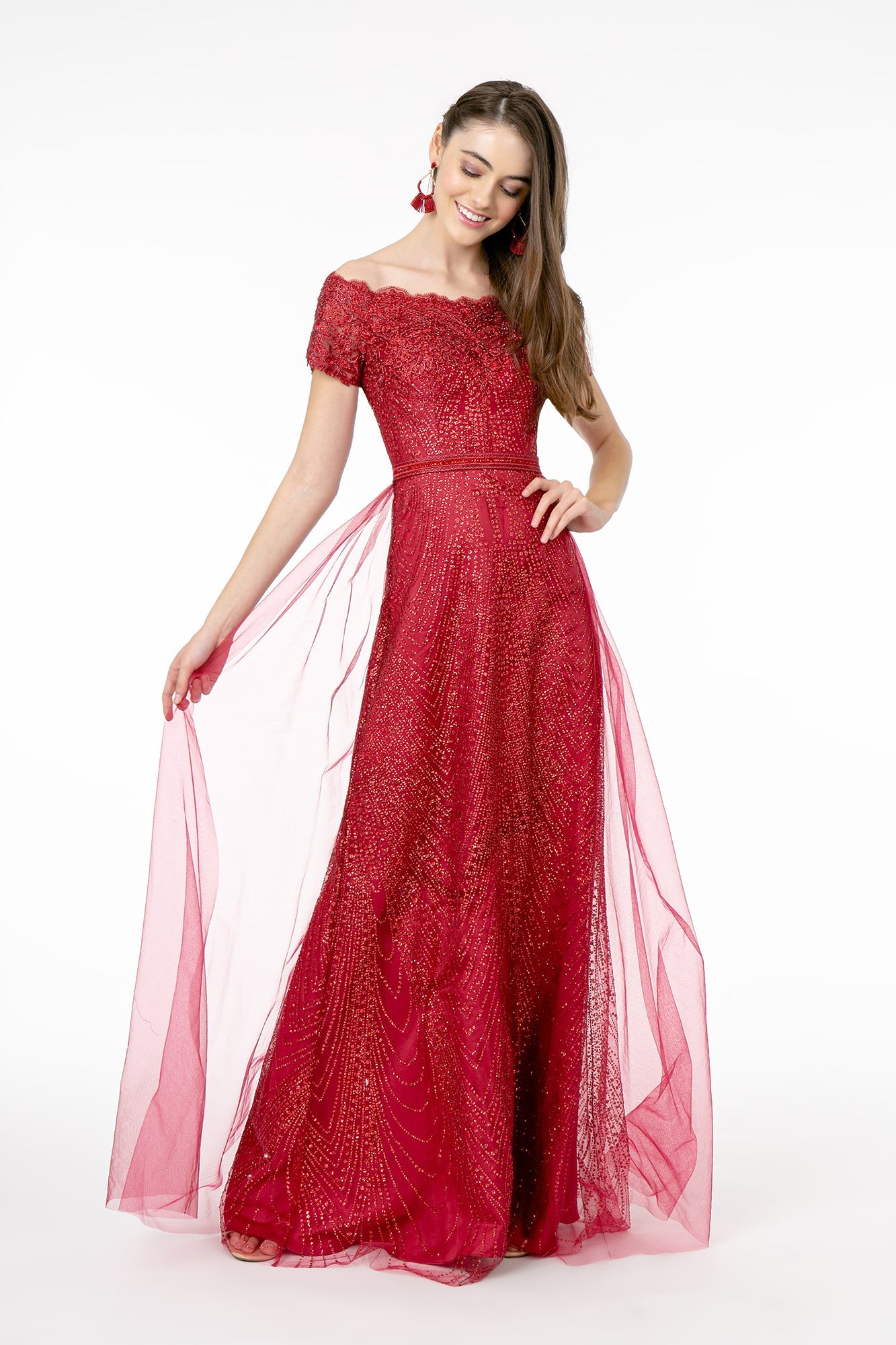 Glitter Print Mesh Cut-Away Shoulder A-Line Long Mother Of The Bride Dress GLGL2942