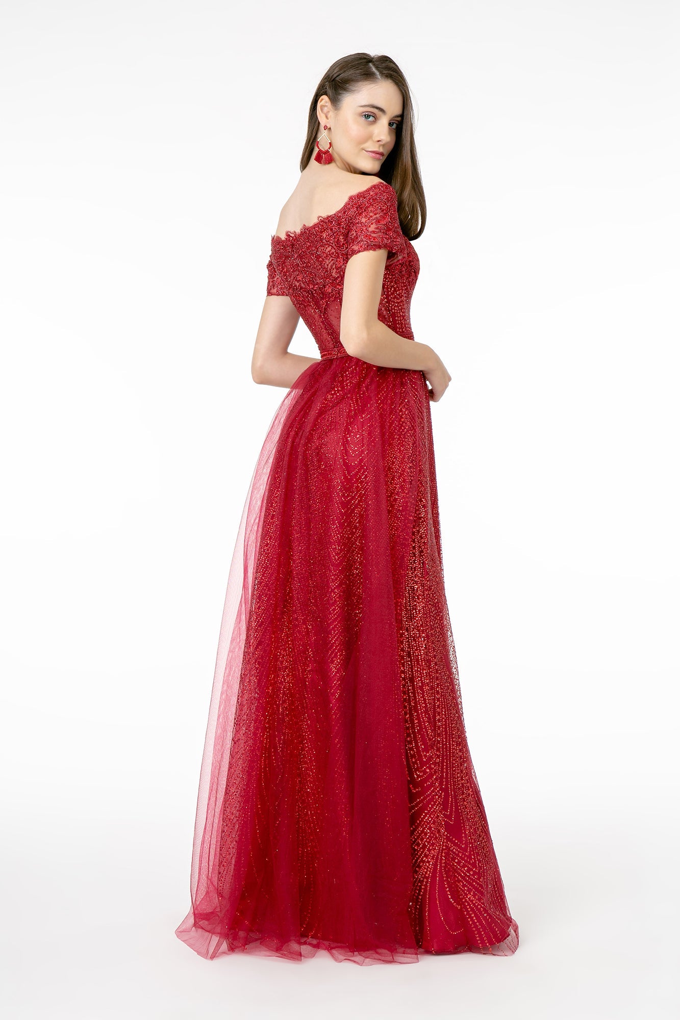 Glitter Print Mesh Cut-Away Shoulder A-Line Long Mother Of The Bride Dress GLGL2942